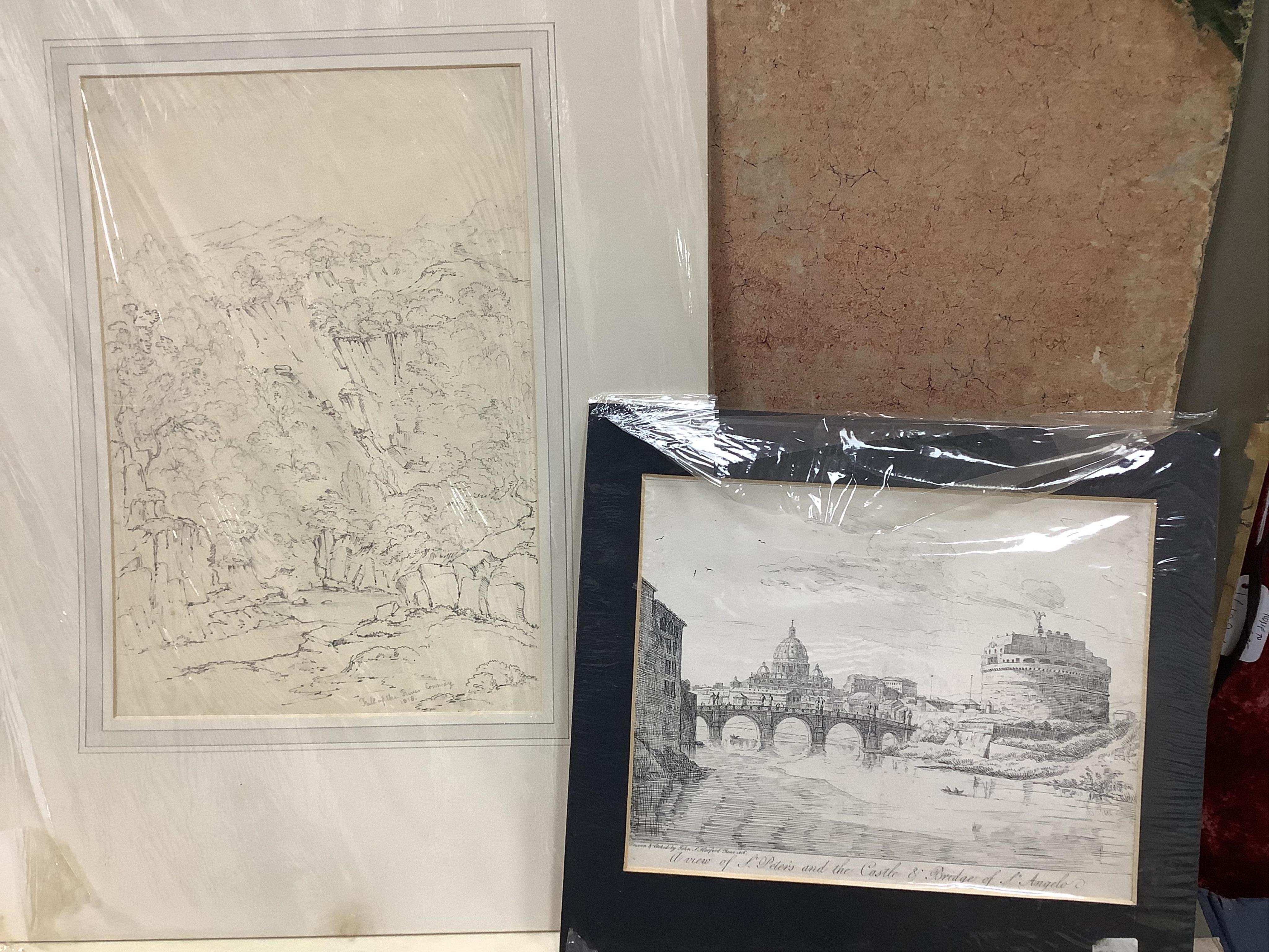 A large collection of 18th century and later watercolours, pencils and prints including M. Simmons, pencil, Study of a dog before a landscape, signed and dated 1858, Italianate landscape watercolours signed A Bock, dated